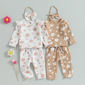 Kleidungssets 2023-06-30 Lioraitiin 0-24M Säuglingsbabys Mädchen 3 Stück Herbstkleidung Langarm Blumenoberteile Kordelzug Hosen Stirnband