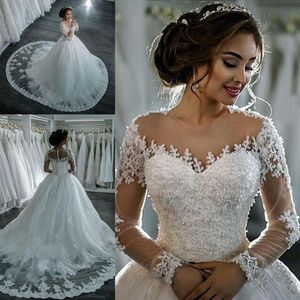 Vestidos de noiva 2020 elegancki linijka suknia ślubna z długim rękawem aplikacje tiulowe koraliki księżniczki koronkowe suknie ślubne szata de Mariee263b