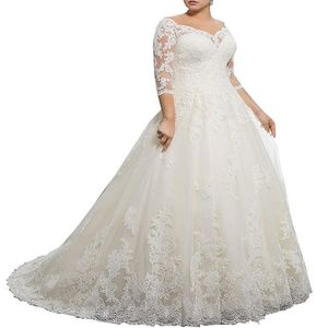 Splendido scollo a V Inverno 3/4 Abiti da sposa in pizzo a maniche lunghe Appliques Plus Size Ball Custom Vestido de novia Abito da sposa formale Ar2668