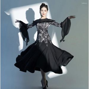 Stage Wear 2023 Green Black Bell Sleeve Ballroom Dance Performance Dress For Adult Women Female Expansion Skirts Tango Waltz