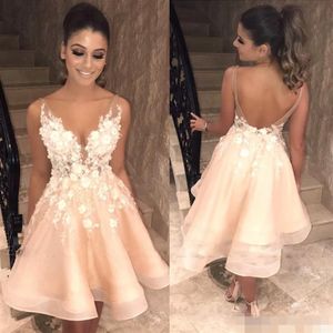 Sexy rückenfreie Champagner-Partykleider mit V-Ausschnitt, durchsichtige Träger, 3D-Blumenapplikation, Cocktail-Abendkleid, Heimkehr, formelle Kleidung, benutzerdefinierte 211r