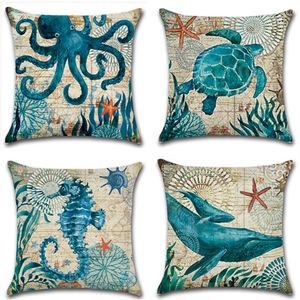 45cm 45cm Sea Turtle Conch Linen Cotton Pillow Covers Sofa Pillow Case Animal Design Square 18in 18in Cushion Cover261l