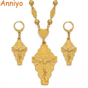 Anniyo Hawaii Jesus Jewelry Set Cross Pendant Halsband örhängen Kvinnor flickor Guldfärg Guam Micronesia Chuuk Pohnpei #212306 2012262T