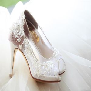 Designer de moda flores brancas sapatos de salto alto para noiva cristal frisado peep toe sexy feminino luxo baile de formatura bombas 10 cm 272o