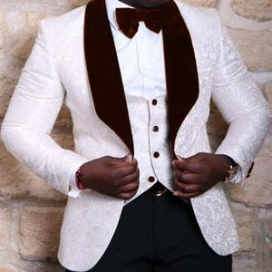 Jacquard Groom Tuxedos White Red Black Mens Wedding Tuxedos Velvet Lapel Side Vent Man Jacket Blazer 3 Piece SuitJacket Pants Ve256C