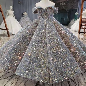 Luxury Silver Bling paljett Girls Pageant Dresses Fluffy Off the Shoulder Ruched Flower Girl Dresses For Wedding Ball Gowns Party D290G