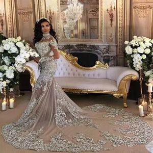 Luxury Sheer Long Sleeve Mermaid Wedding Dresses 2022 Major Beading with Appliques High Neck Court Train Robe De Mariage Bridal Go279a