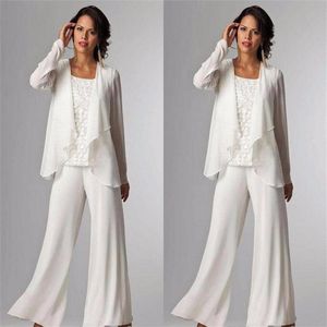 Elegant Chiffon Mother of The Bride Dresses There Pieces Long Sleeve Jackets Lace Pant Suits For Women Mother Groom Plus Size Gown236E