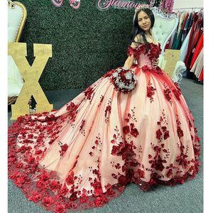 Burgundy 3D Flowers Appliques Lace Quinceanera Dress Ball Suknia z ramienia Pageant Size Sweet 15 Vestidos de XV ANOS206S