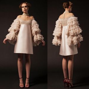 2019 Krikor Jabotian Kurze Ballkleider Schulterfrei, knielang, langärmelig, Cocktailparty-Kleider, abgestufte Spitze, Perlen, Abend dr305u