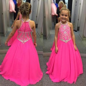 Rosa Fushcia Festzugskleider für kleine Mädchen, Kristalle, Perlenbesatz, Chiffon, langes Kinder-Abschlussballkleid, Partykleider, Blumenmädchenkleid 2019, Cus325x