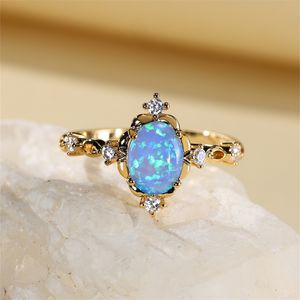 Wedding Rings Oval Cut Mystic Blue White Fire Opal For Women Gold Color Charm Rainbow Birthstone Bands Bridal Engagement Ring CZ 230721