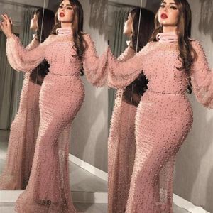 Arabic Dubai Pink Mermaid Evening Dresses Long 2020 High Neck Beaded Pearls Poet Long Sleeve Formal Party Gowns Celebrity Pageant 2513