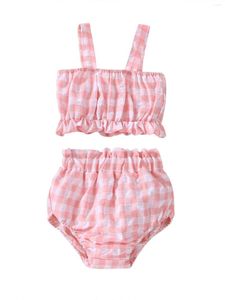 Completi di abbigliamento Born Baby Girl 2 pezzi scozzesi abiti estivi cinturino arricciato plissettato top corto elastico in vita pantaloncini set di abiti