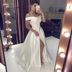 2019 Sexy V Neck Long White Prom Dress With High Split Elegant A-line Woman Off the Shoulder Evening Formal Gowns227b