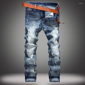 Men's Jeans Fashion Knee Holes Beggar Baby Blue Trousers Fall Summer Hip-hop Style Slim