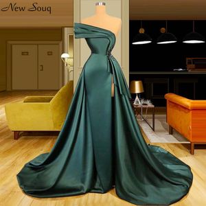 Long Dark Green Satin Evening Dresses 2020 Elegant Ruched Beads Split Evening Gowns Formal Women Dresses296F