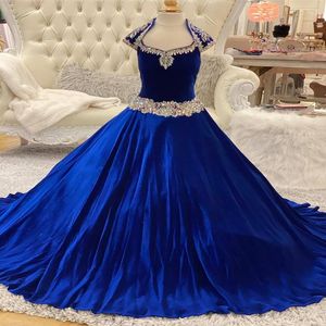 Royal-Blue Velvet Pageant Dresses for Spädbarn Toddlers Teens 2021 Cap Sleeve Ritzee Roise Ball Gown Long Little Girl Formal Party G2767