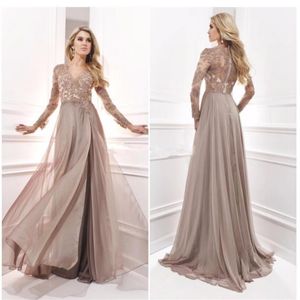 Graceful A Line Chiffon Mother Of The Bride Dresses V Neck Long Sleeve Side Slit Appliques Beads Evening Dress For Women267Y