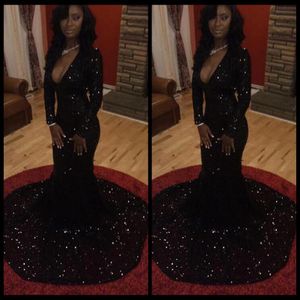 Sparkly Sequins Sexy Deep V Neck 2016 Elegant Black Evening Dresses Long Sleeves Mermaid Prom Dresses Vestido De Festa210r