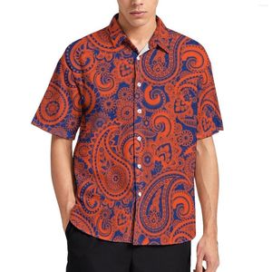 Erkekler Sıradan Gömlek Paisley Baskı Gevşek Gömlek Adam Plaj Mavisi ve Turuncu Hawaii Grafik Kısa Kollu Retro Büyük Boy Bluz