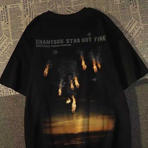 Designer-Modekleidung, Hip-Hop-T-Shirts, Rock-T-Shirts, Straße, hübscher Hip-Hop, trendige Marke, Flammendruck, kurzärmeliges T-Shirt aus reiner Baumwolle, amerikanisches, locker sitzendes T-Shirt für Herren