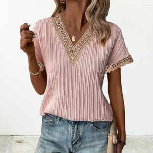 Women's Blouses Stretchy Tops Summer Top Chic Streetwear Pleated V-neck Tee With Lace Neckline Short Sleeve T-shirt For A Loose Fit