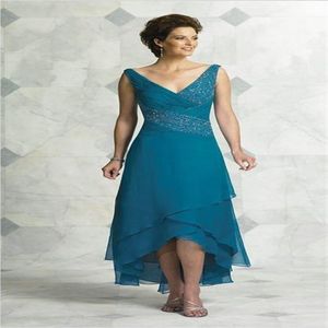 Sexig V Neck Mother of Bride Dresses With Pleats Sequin Tea Längd Chiffon Formell Evening Party Wears Cheap266n