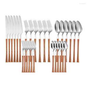 Dinnerware Sets Dinner Set 30 Pieces Imitation Wooden Handle Stainless Steel Cutlery Tableware Silverware Home Utensils Drop