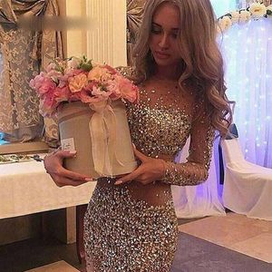 Sexy Luxury Cocktail Dresses Jewel Neck Long Sleeves Beading Short Prom Dresses 2020 Sheath Sparkling Birthday Party Gown Plus Siz261x