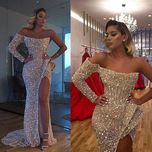 Vestido de fiesta Sexy Aso Ebi Arabic Gold Reflective Prom Dresses Mermaid High Split Evening Dresses Sequined Formal Party Recept285F