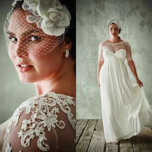 Plus Size Wedding Dresses With Half Sleeves Sheer Jewel Neck A Line Lace Applique Bridal Gowns Chiffon Empire Waist Wedding Dress346l