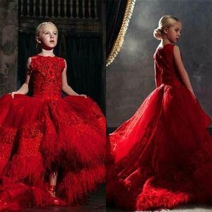 Red High Low Girls Pageant Dresses 3D Floral Appliques Lace Feathers Sweep Train Party Birthday Gowns Flower Girl Dress For Weddin320J