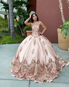 Vestidos quinceanera ouro rosa 2023 com apliques Seuqins gola joia sem mangas Sweet 16 Dress Sweep Train vestidos de quinceanera