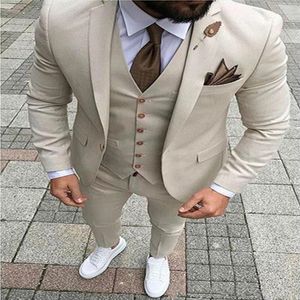 Fashionable Groom Tuxedos Notch Lapel Men Suits Groomsmen Beige Suits FitWedding Men's Bridegroom Jacket Pants Vest Tie NO276f