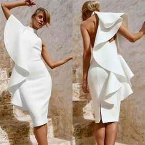 Sexy Arabic High Neck White Cocktail Dresses Slit Knee Length 2022 Fashion Ruffles Sheath Evening Prom Gowns Short Pretty Woman Pa2823