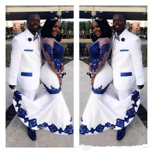 Nuovi abiti da ballo africani bianchi Raso Royal Blue Lace Aso Ebi Maniche lunghe Illusion Applique Abiti da sera convenzionali Pageant Celebrity184f