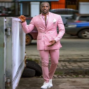 Pembe Damat Smokin Çift Kırıltık Düğün Smokin Mükemmel Erkekler Resmi Akşam Yemeği Partisi Balo Blazer Suit Jacket Pants Tie 233Q