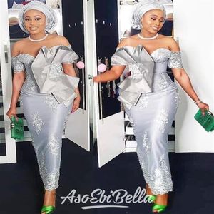 2020 New Aso Ebi Style Off The Shoulder Prom Dresses Manica corta Sirena d'argento Lunghezza tè Occasioni formali Nigern Style Prom Dres270K