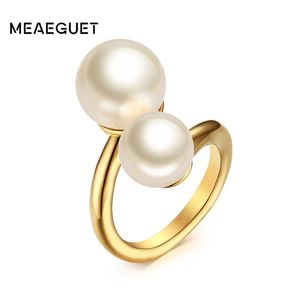 Meaeguet Fashion Gold-Color Simulated Pearl Rings For Woman Accent Bypass Open Stainless Steel Party Jewelry