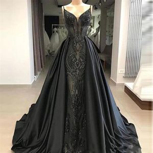 Classy 2019 Black Mermaid Lace Evening Dresses With Detachable Train Beaded Prom Gowns Sequined Satin Plus Size Appliqued Formal D218S