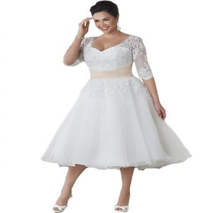 Beach Wedding Dresses for Bride 2019 Women's Half Sleeve Tea Length Lace Wedding Dress Plus Size for Bride298O