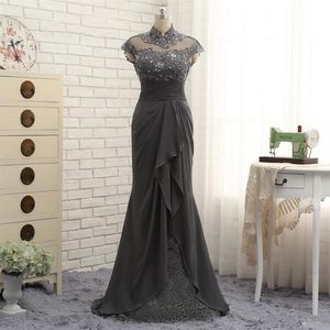 Crystal Real Image Long Mermaid Grey Mother of the Bride Dress Lace High Neck Cap Sleeve Chiffon Formell Evening Party Gowns Pleate225U