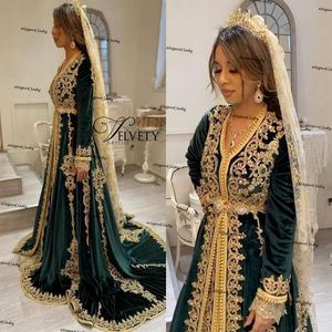 Moroccan Kaftan Evening Formal Dresses Hunter Green Velvet Gold Lace Applique Muslim Long Sleeve Islamic Dubai Prom Dress Robes183b