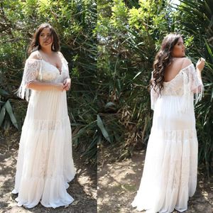 Vintage Plus Size Strandhochzeitskleider Schulterfrei Halbarm Böhmische Brautkleider A-Linie Quaste Boho Robe De Mariee263q