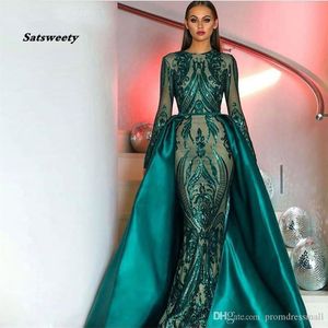 Elegant Muslim Green Long Sleeves Evening Dresses With Detachable Train Sequin Bling Moroccan Kaftan Formal Party Gown255R