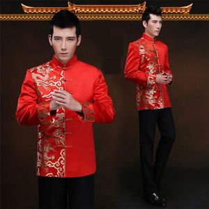 Drago rosso abito cinese manica lunga sposo matrimonio abito tradizionale uomo raso cheongsam top costume vestito di linguetta brindisi abbigliamento228Q
