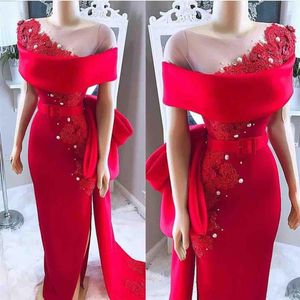 Elegant Red Off The Shoulder Evening Dresses Sheath Lace Appliques Formal Party Gowns Sheer Neck Prom Dresses Custom Made Plus Siz197E
