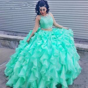 Two piece Lace Turquoise Quinceanera Dresses With Beadede Crystal Organza Ball Gowns Sweet 16 Gowns Corset Formal Dress for 15 yea2706