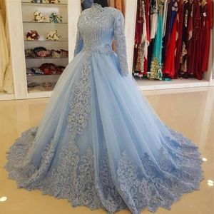 Charmig blå muslimsk spetskulklänning bröllopsklänningar med långa ärmar med hög hals applicerad brudklänning tyll pärlor plus storlek wed232a